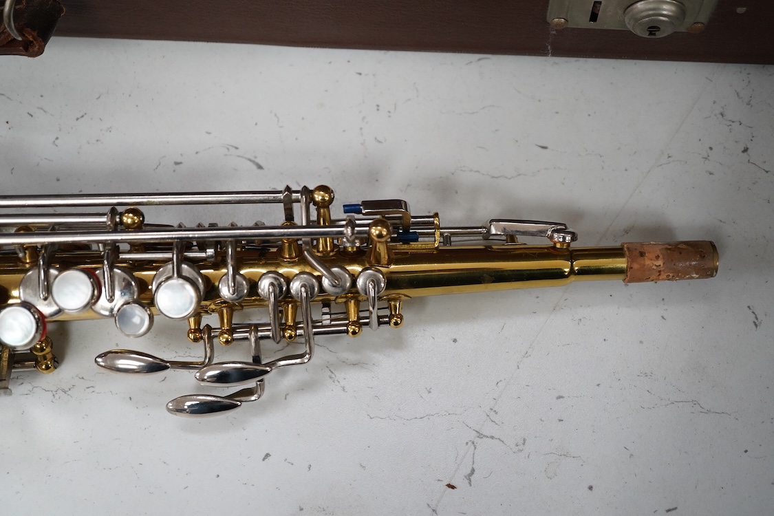 A cased Sonora soprano saxophone in a Rudall Carte branded case